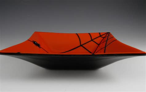 Fused Glass Spider Web Bowl Square Orange And Black Handmade Halloween Decoration Etsy