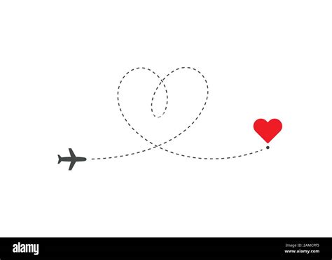 Heart Shaped Airplane Flying On Love Route To Destination In Heart