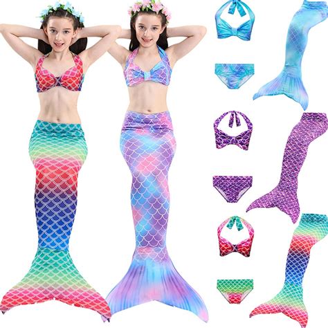 3pcs Set Meninas Bikini Set Cauda Da Sereia Princesa Swimsuit Roupa