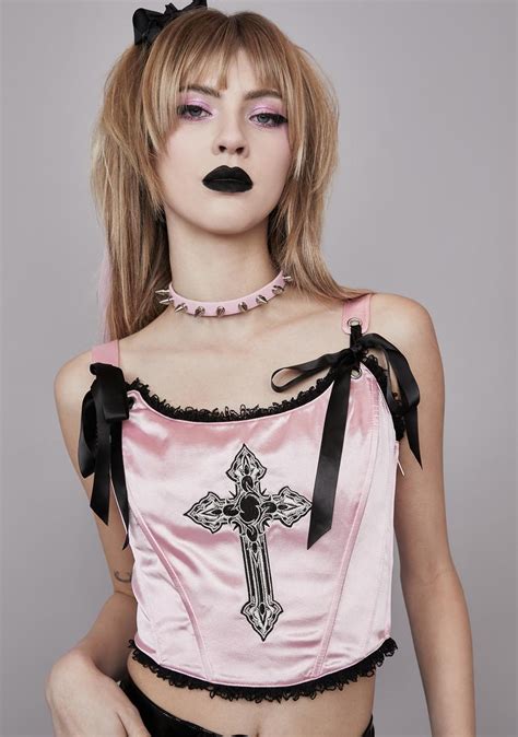 Widow Cross Satin Corset Crop Top Pink Dolls Kill