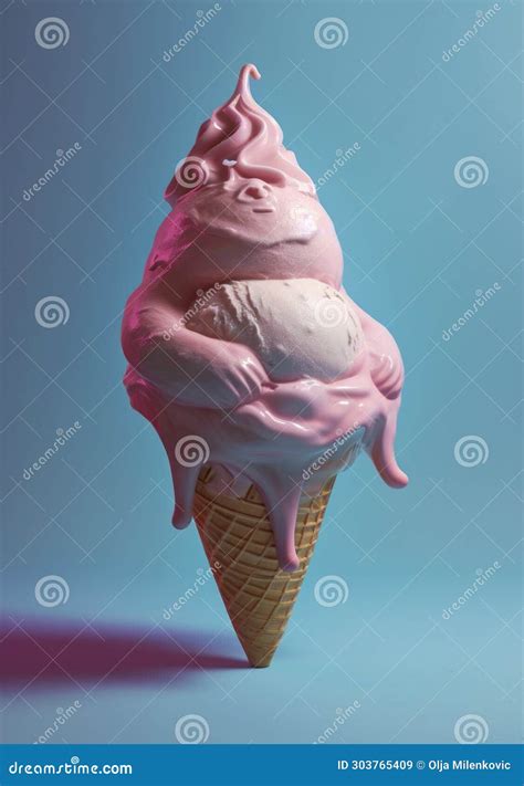 Pink Ice Cream In A Waffle Cone On A Blue Background Stock