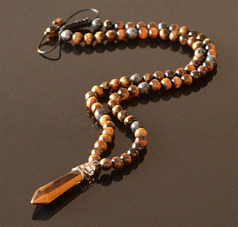 Amazon Point Pendant Long Beaded Necklace For Men Brown Tigers Eye