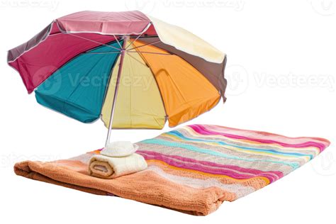 Ai Generated Colorful Beach Umbrella With Matching Towels On Sand 41732361 Png