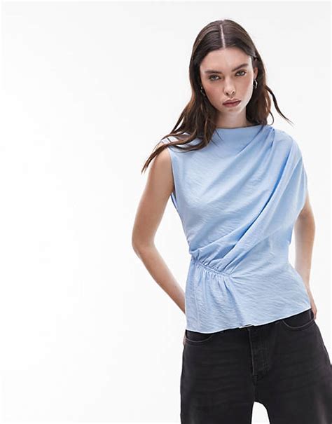 Topshop Ruched Sleeveless Top In Blue Asos