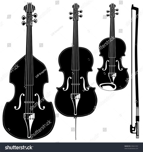 Stringed Instruments In Detailed Vector Silhouette Set Includes Violin Viola Cello Upright