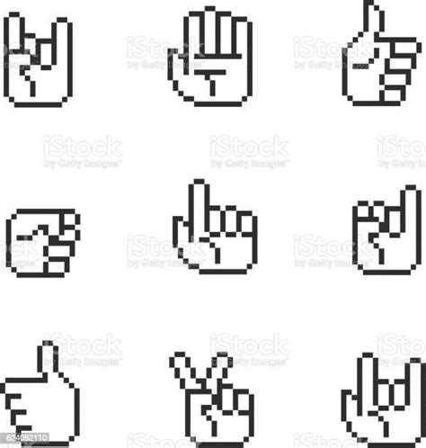 Pixel Art 8 Bit Hands Icons And Gestures Signs Set Stock Illustration