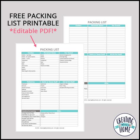 Editable Packing List Checklist Printable