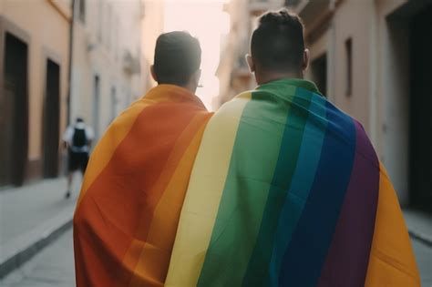 Premium Photo Gay Couple With Rainbow LGBT Flag On Gay Pride Parade