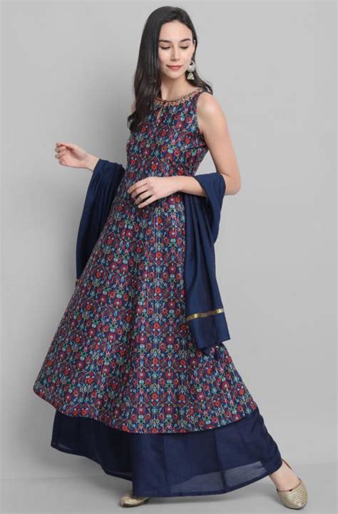 Buy Janasya Women S Blue Poly Muslin Anarkali Kurta With Palazzo And