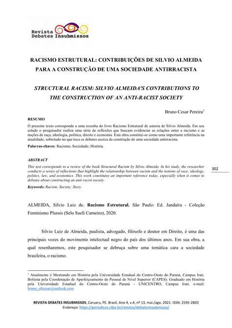 Pdf Racismo Estrutural ContribuiÇÕes De Silvio Almeida Para A ConstruÇÃo De Uma Sociedade