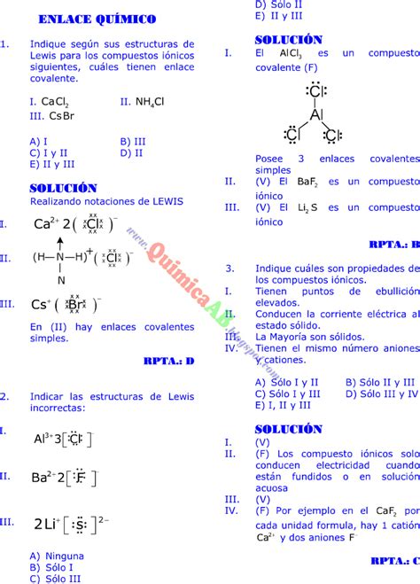 Enlace QuÍmico Problemas Resueltos Tipo Examen De Ingreso A La