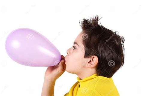 Boy Playing Inflating A Balloon On White Background Stock Image Image