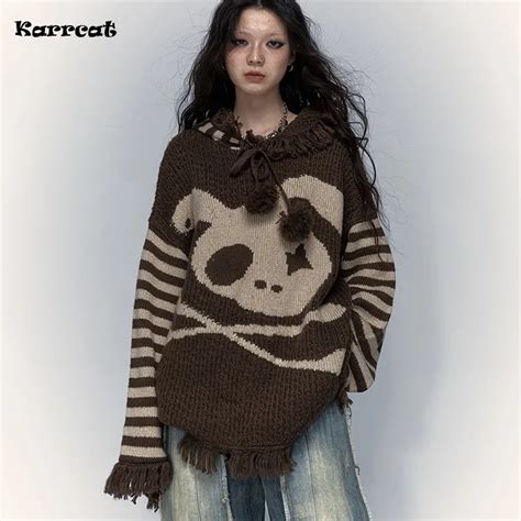 Karrcat Grunge Aesthetics Distressed Sweater Vintage Knitted Hooded