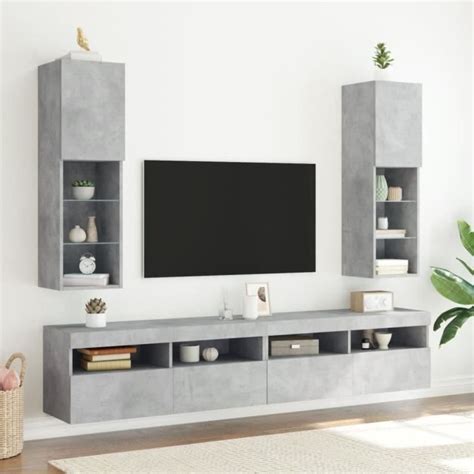 Drfeify Meuble TV avec lumières LED gris béton 30 5x30x102 cm 111558