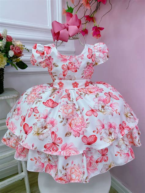 Vestido Infantil Off White Jardim Das Borboletas E Florzinhas Rosa