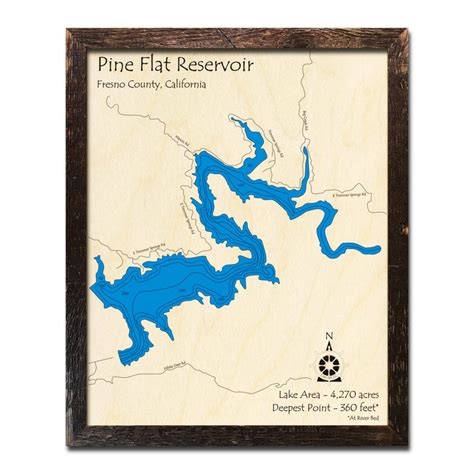 Pine Flat Reservoir Ca Wood Map 3d Topographic Wooden Charts