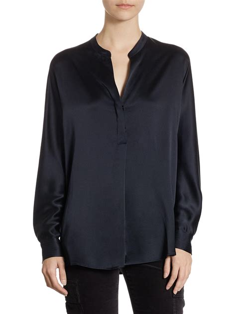 Lyst Vince Collar Band Silk Blouse In Blue