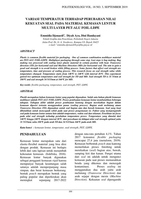 Pdf Variasi Temperatur Terhadap Perubahan Nilai Kekuatan Seal Pada