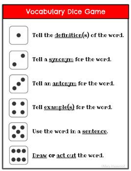 Vocabulary Dice Game By Hunting Hope Teachers Pay Teachers