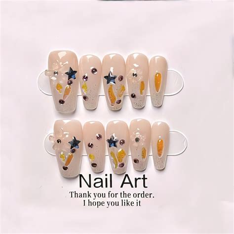 Fairy Star Theme Nude Pink Glitter Press On Nails Bachelorette Party Hand Decoration Gift For