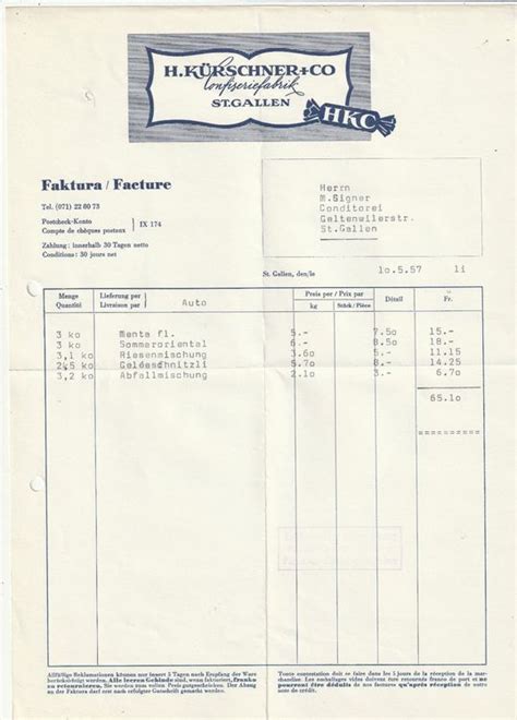 Rechnung St Gallen 1957 Confiserie Kürschner Kaufen auf Ricardo