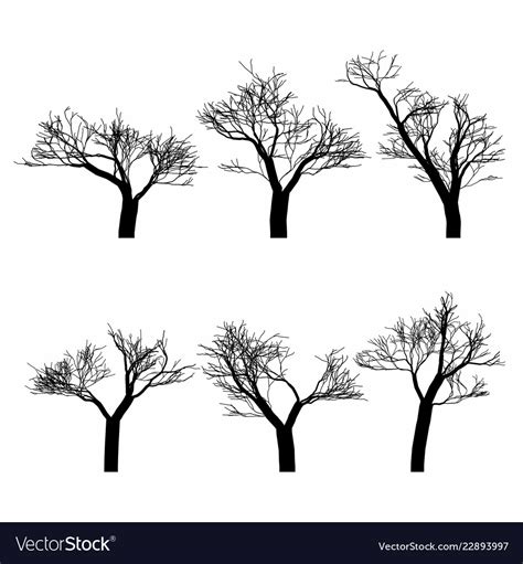 Set Black Naked Trees Silhouette Set Royalty Free Vector