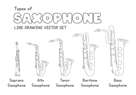 Types Of Saxophone Line Drawing Vector Set Soprano Alto Tenor