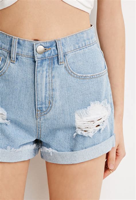 Forever 21 Cuffed High Waist Denim Shorts In Blue Lyst