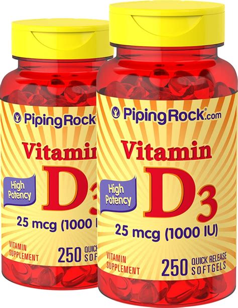 High Potency Vitamin D3 1000 IU 2 Bottles X 250 Softgels Piping