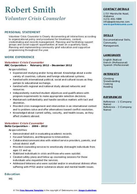 Volunteer Crisis Counselor Resume Samples QwikResume