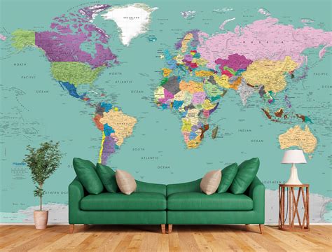 Giant Teal Ocean Colorful World Map Wall Mural Removable Wallpaper