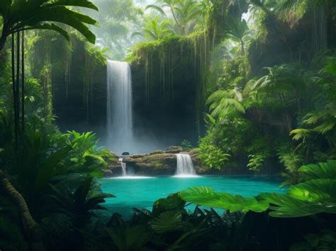 Premium Ai Image A Serene Tropical Oasis With A Water Fall And A Lush