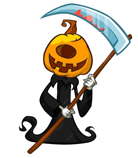 Premium Vector Grim Reaper Pumpkin Head Cartoon Character With Scythe Halloween Jack O Lantern