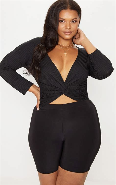 Plus Black Ribbed Wrap Front Top Plus Size Prettylittlething Ie