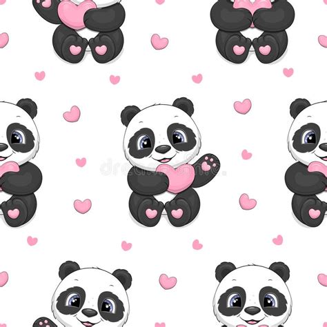 Patr N Sin Costuras Con Pandas De Dibujos Animados Lindo Y Corazones