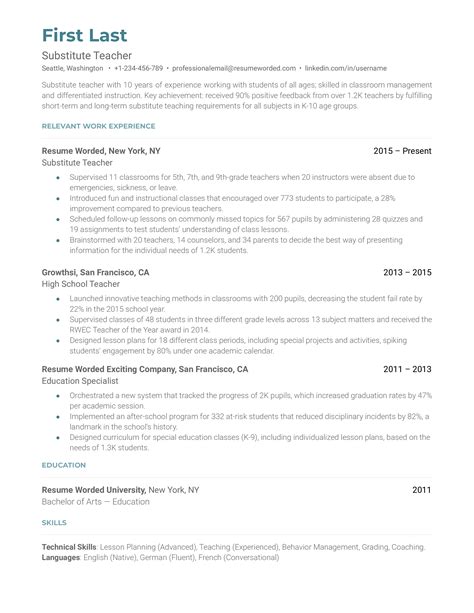 Substitute Teacher Resume Examples for 2025 | Resume Worded