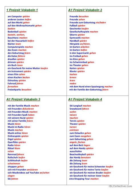 Wortschatz zum Thema Freizeit sätze English ESL worksheets pdf doc