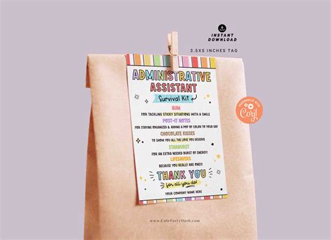 Administrative Assistant Survival Kit Tag Printable Instant Download Cute Party Dash