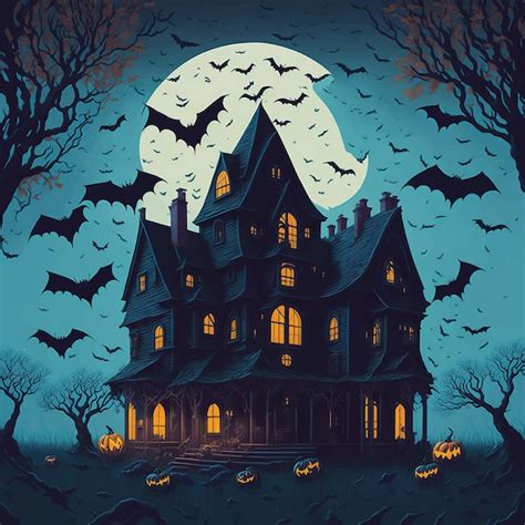 Premium Vector Spooky Halloween House With Bats Flying Over