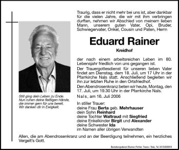 Traueranzeigen Von Eduard Rainer Trauer Bz