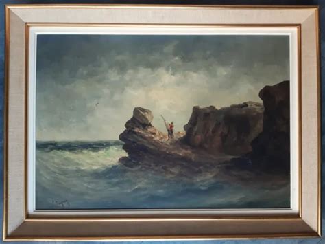 TABLEAU ANCIEN XIXE Peinture Huile sur Toile Marine Tempête Signé Paul