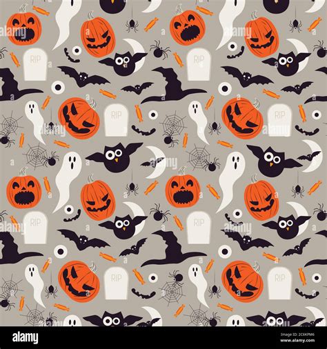 Seamless Cartoon Halloween Pattern Halloween Ghosts Bats And Pumpkin