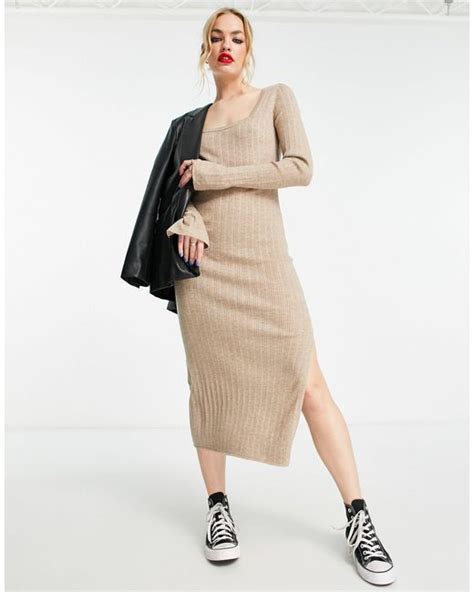 Asos Knitted Midi Dress With Square Neck In Natural Lyst Uk