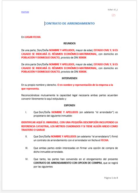 Contrato De Arrendamiento Con Opción De Compra Paxtum