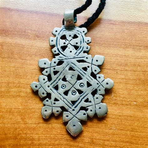 Vintage Ethiopian Brass Coptic Cross Pendant Gem