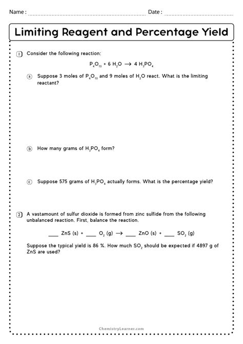 Free Printable Limiting Reactant And Percent Yield Worksheets