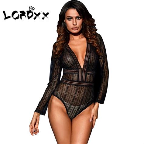 Lordxx Women Deep V Neck Bodysuit Club Black Sexy Mesh Sheer Bodycon