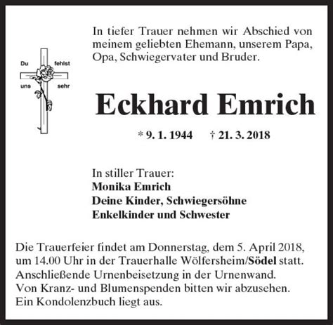 Traueranzeigen Von Eckhard Emrich Vrm Trauer De