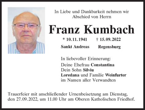 Traueranzeigen Von Franz Kumbach Mittelbayerische Trauer