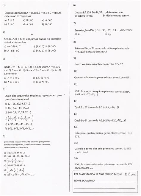 Atividade De Matemática 1 Ano Do Ensino Médio Revoeduca